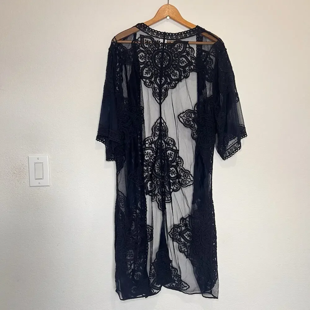 Swim Cover Ups Size L Black, Navy, Leopard Sheer Long Kimono Resortwear Lot Of 3